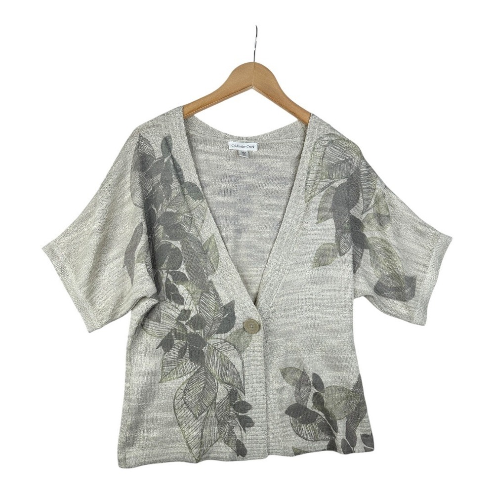 Coldwater Creek Leaf Print Short Sleeve Cardigan size Medium Beige/Green